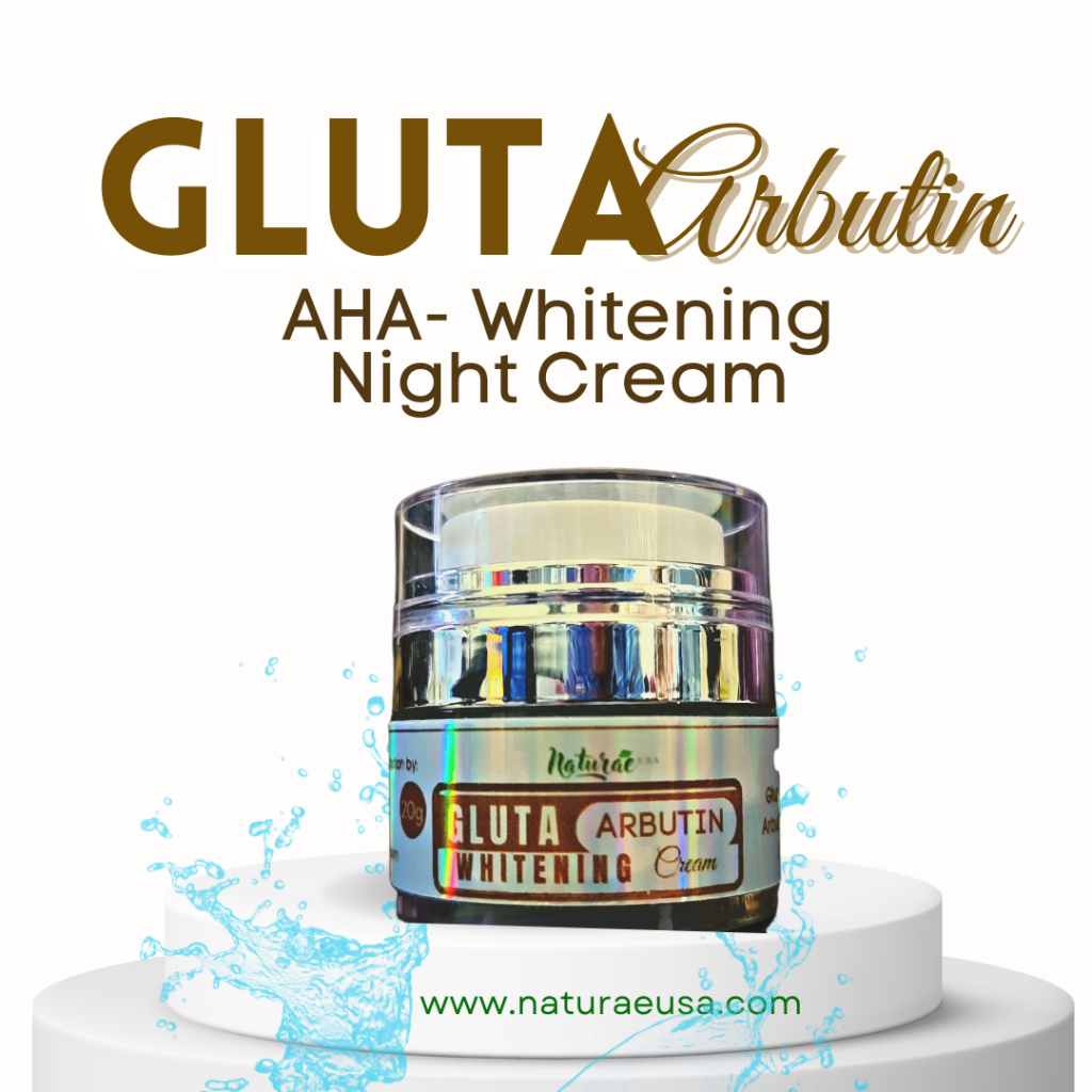 AHA Gluta-Arbutin Whitening Night Cream Formulated with the best whitening actives, Alpha Hydroxy Acid (AHA) and Glutathione. This whitening cream effectively whitens the skin. It helps even out skintone, lightening dark spots and hyperpigmentation. Micro-peels when used with our Anti-aging, Anti-wrinkle blue soap, vitamin c creams, retinol and exfoliating toners, resulting to a smoother, flawless and youthful skin. Actives: Glutathione, Glycolic Acid, Niacinamide Vitamin B3, Lactic Acid, Hydrolized Collagen